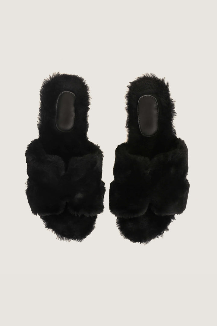 Women Shearling Fur Flat Sandals Black - BY Novado