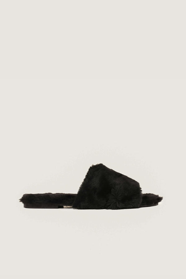 Women Shearling Fur Flat Sandals Black - BY Novado