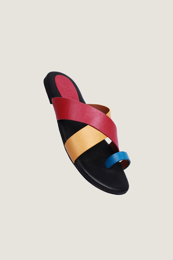 Tri-Color Leather Flat Sandal
